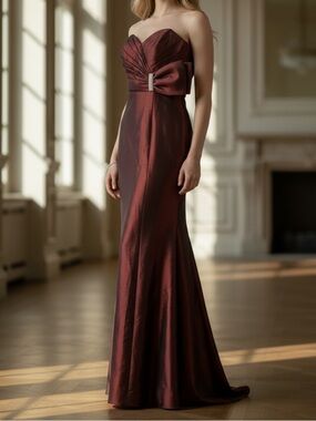 Burgundy Satin Strapless Rhinestone Detail Maxi Formal Bridesmaid Prom Dress XS